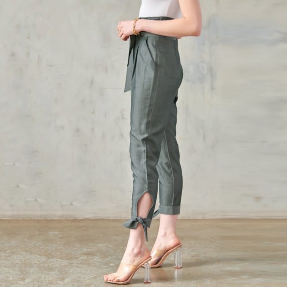 Paperbag Pants With Ankle Tie Detail in Gray Olive - Picture 4 of 8